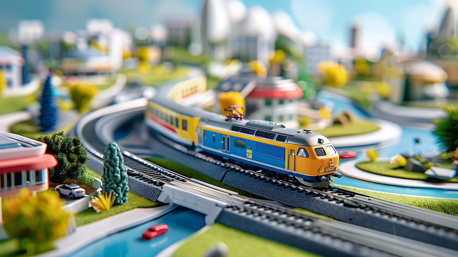 Locomotiva vermelha de brinquedo sobre trilhos de madeira