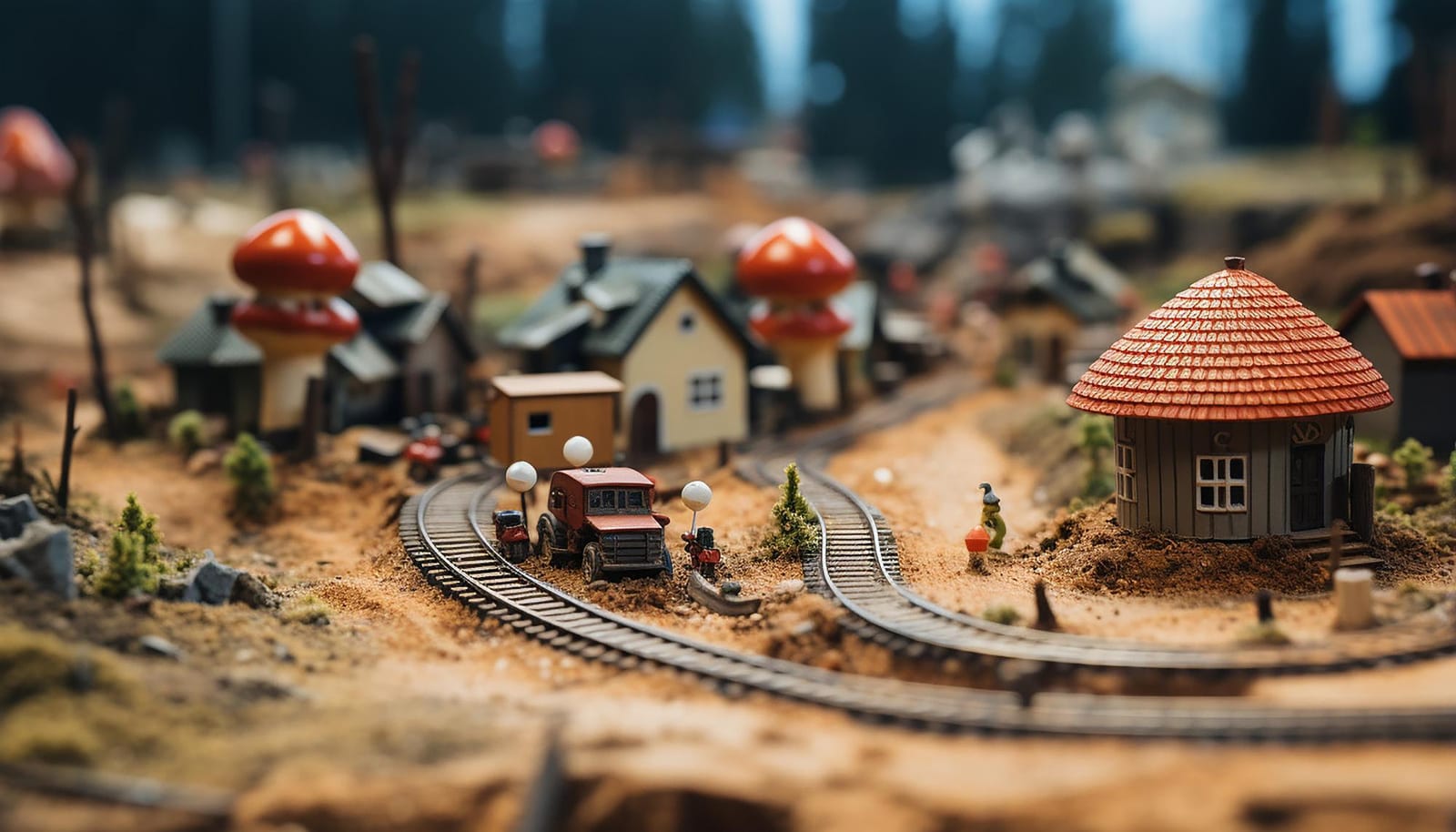 Figuras em miniatura caminhando em um cenário de parque